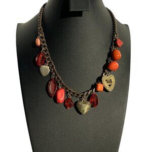 Vintage Bijoux Terner Heart Charm Necklace Red Amber Beads Antique Bronze Chain